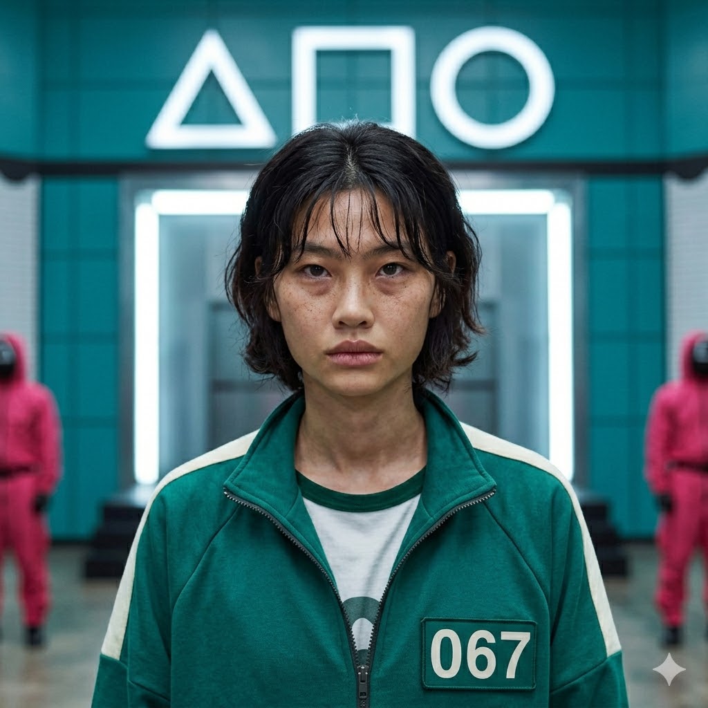 A jogadora 067 de Round 6 encara a câmera com uma expressão 
                            exausta e resiliente, vestindo seu uniforme verde numerado entre dois guardas sob os ícones 
                            luminosos do jogo.